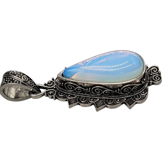 Boho-Style Opalite Teardrop Pendant Repousse Swirl Silver Plated Metal Setting - Picture 6 of 10